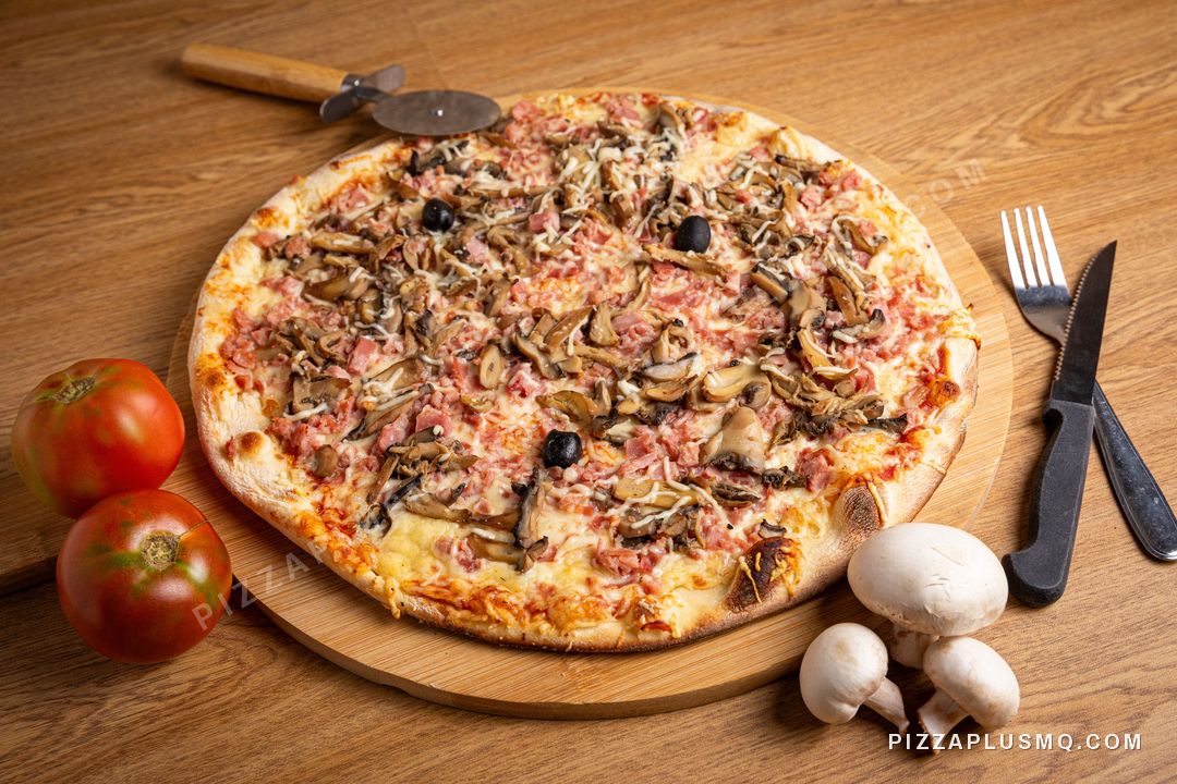Pizza Plus Regina on its wooden board, with fresh tomatoes and mushrooms